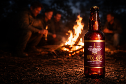 Bottle of Spec-Ops Premium Lager in front of a campfire with people around